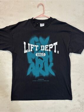 Gymshark Dark Grey Tee with Teal Lift Dept. Spray Graphic